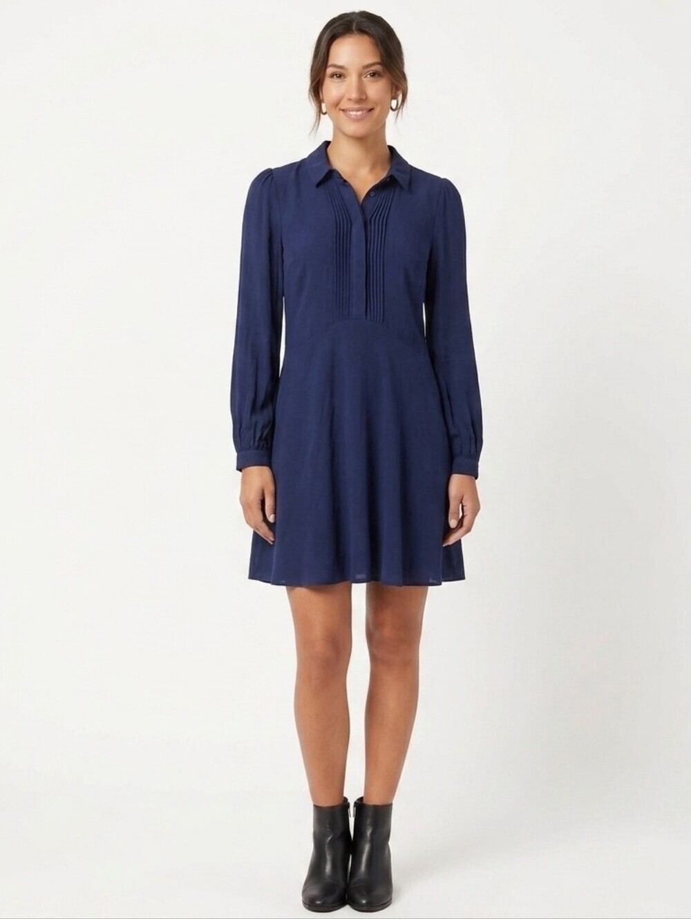 Whistles Pintuck Shirt Dress Navy US 8 Midi Cotton Workwear Quiet Luxury